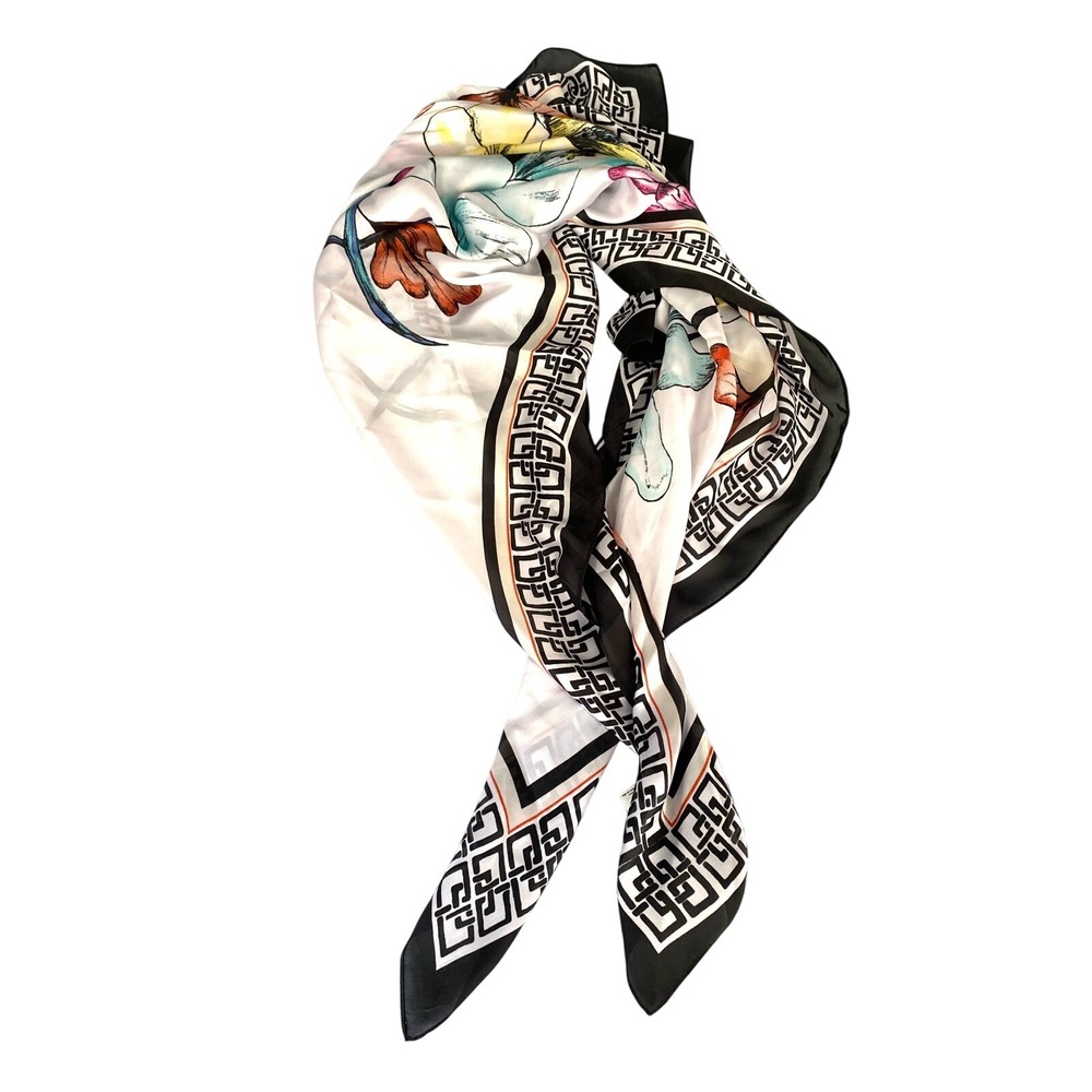 Chicos Floral Square Scarf Black White Geometric Border New with Tags 40x40